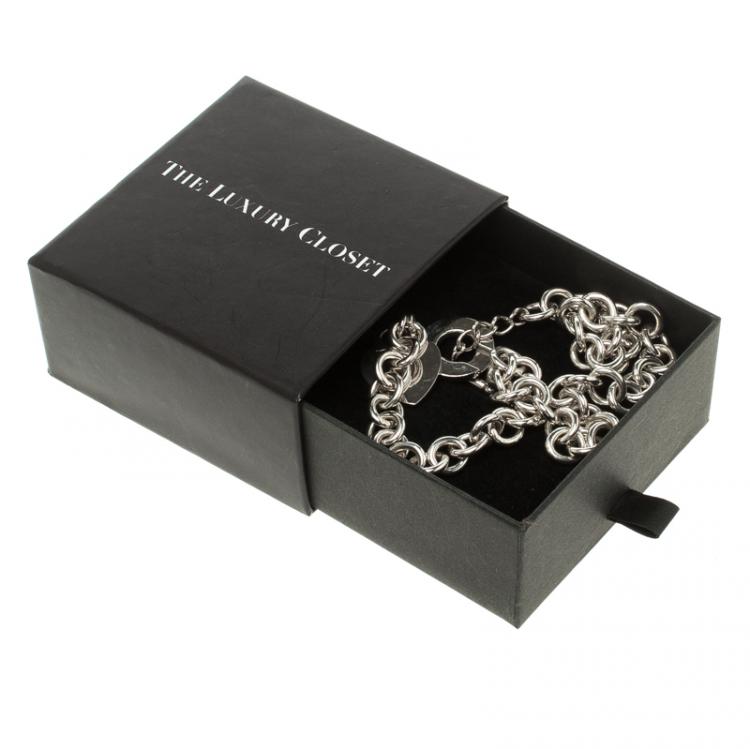 Pre Owned Tiffany & Co. Heart Tag Charm Silver Chain Toggle Necklace 