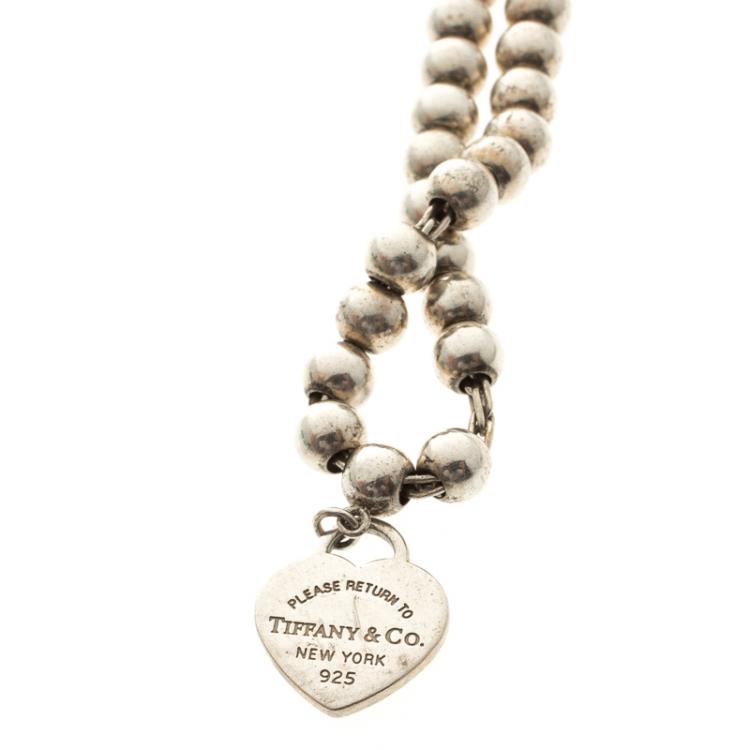 Pre Owned Tiffany & Co. Return to Tiffany Blue Enamel Heart Tag Silver Beads Bracelet 