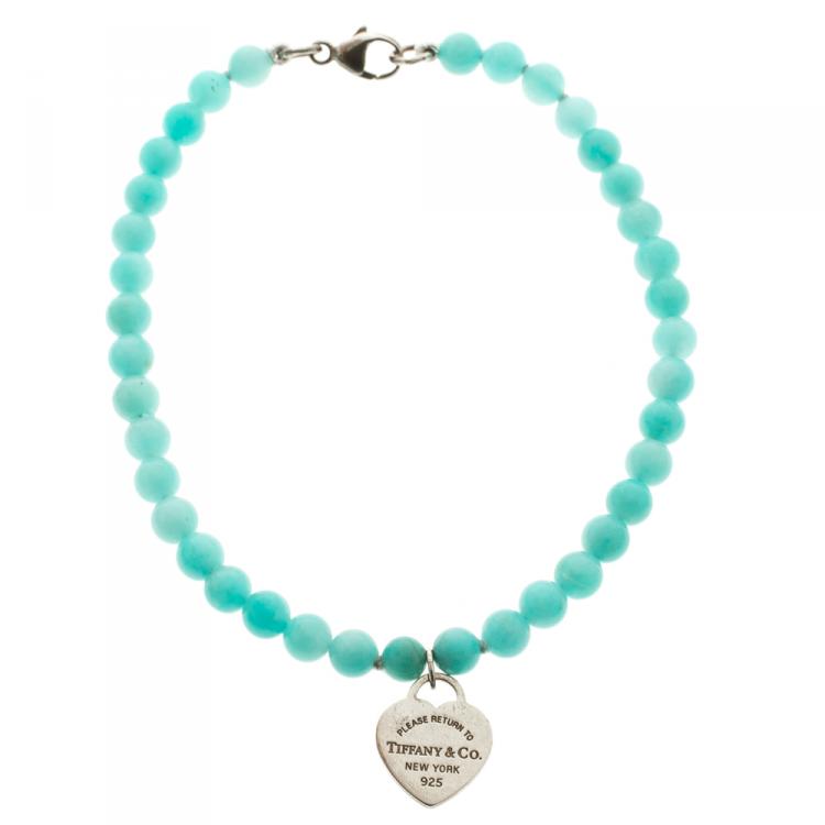 Pre Owned Tiffany & Co. Return To Tiffany Mini Heart Tag Silver Amazonite Bead Bracelet
