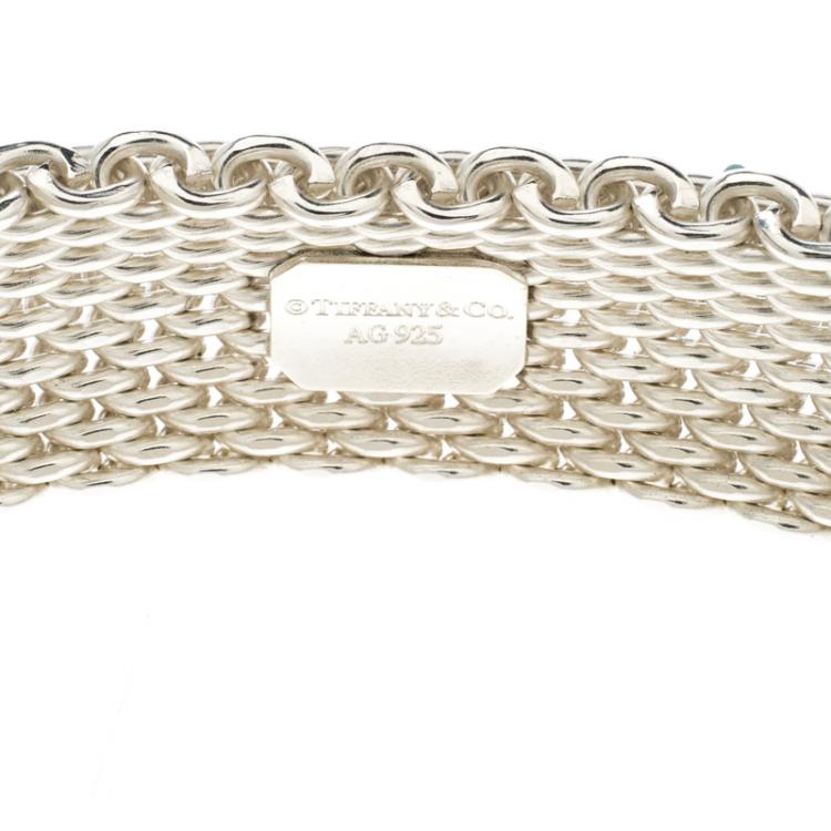 Pre Owned Tiffany & Co. Somerset Silver Mesh Link Bangle Bracelet 18cm