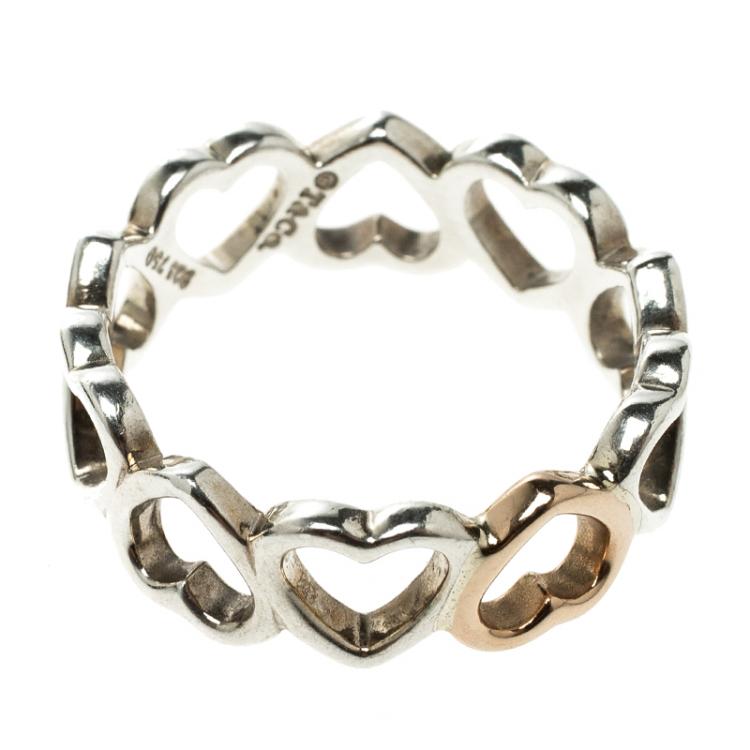 Pre Owned Tiffany and Co. Hearts 18k Rose Gold & Silver Band Ring Size 58