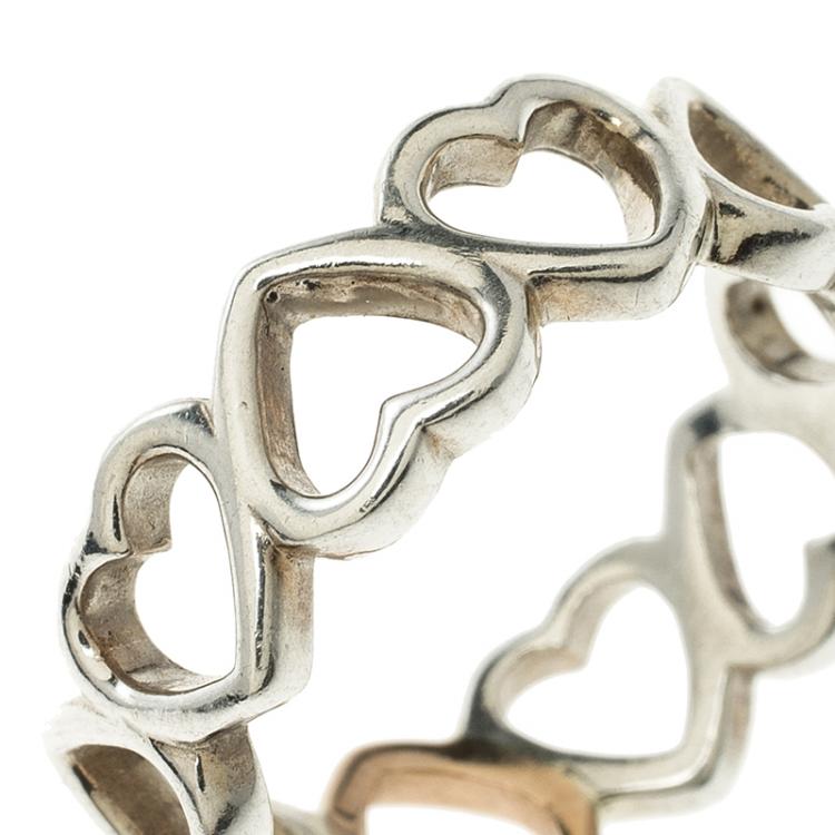 Pre Owned Tiffany and Co. Hearts 18k Rose Gold & Silver Band Ring Size 58