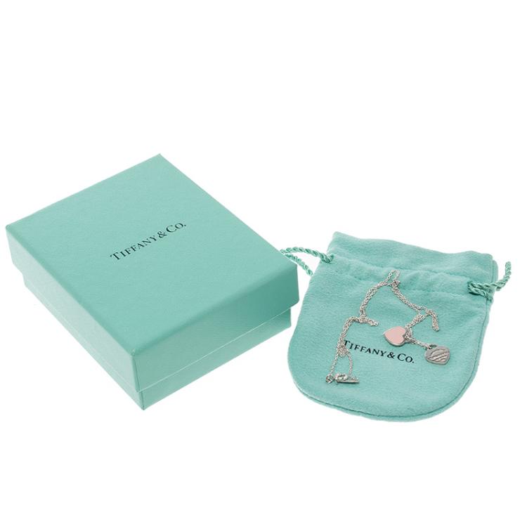 Pre Owned Tiffany & Co. Return to Tiffany Mini Double Heart Tag Pink Enamel Silver Pendant Necklace