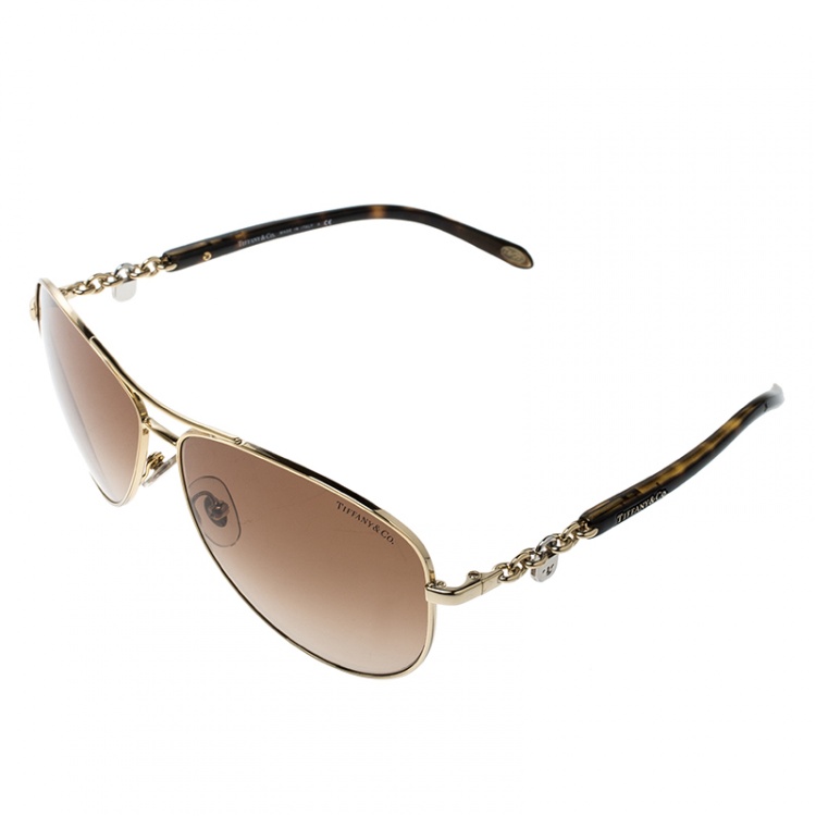 Pre Owned Tiffany & Co. Gold Plated/ Brown Gradient TF3034 Aviator Sunglasses