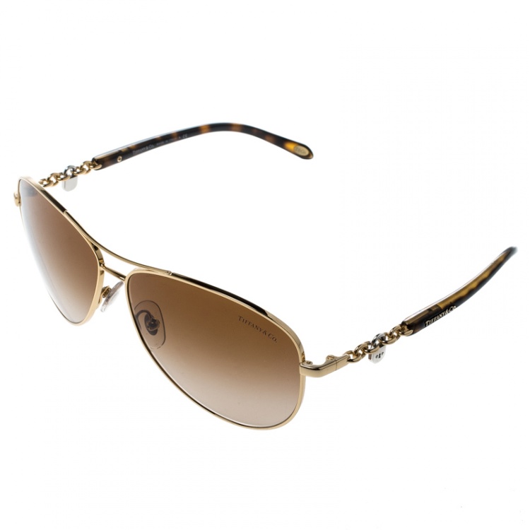 Pre Owned Tiffany & Co. Gold/Brown Gradient TF3034 Aviator Sunglasses