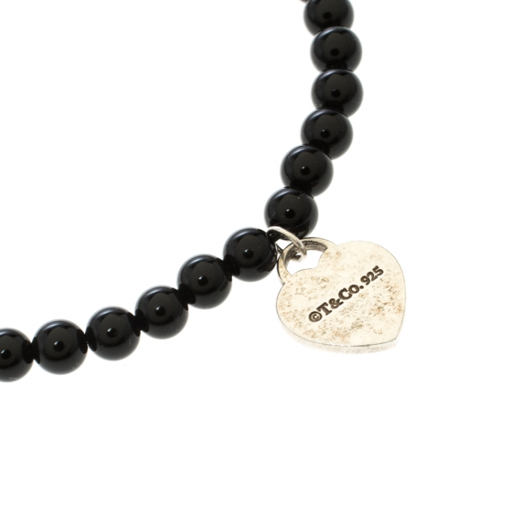Pre Owned Tiffany & Co. Return To Tiffany Silver Heart Tag Onyx Bead Bracelet