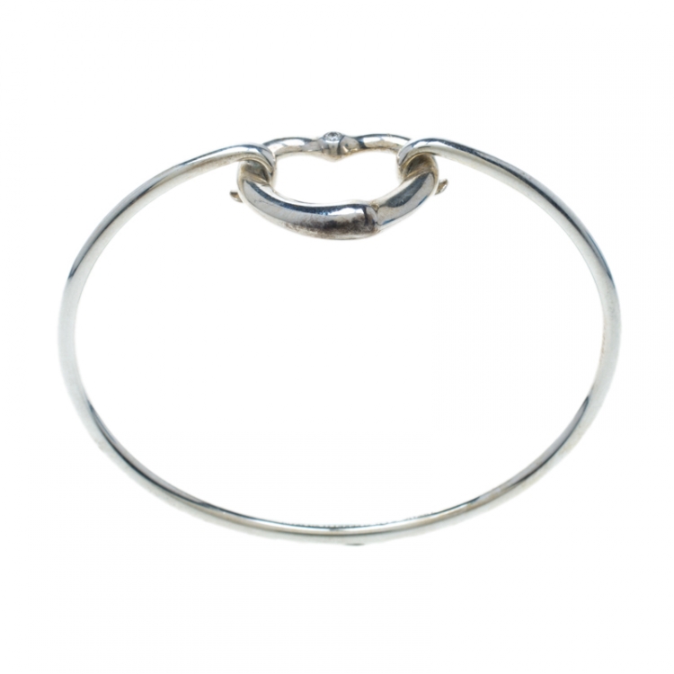 Pre Owned Tiffany & Co. Elsa Peretti Open Heart Diamond Embedded Silver Bangle