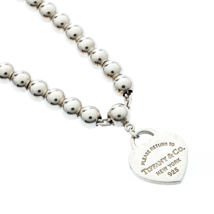Pre Owned Tiffany & Co. Return to Tiffany Enamel Heart Tag Silver Beads Bracelet 17cm