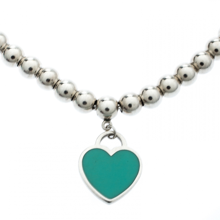 Pre Owned Tiffany & Co. Return to Tiffany Enamel Heart Tag Silver Beads Bracelet 17cm