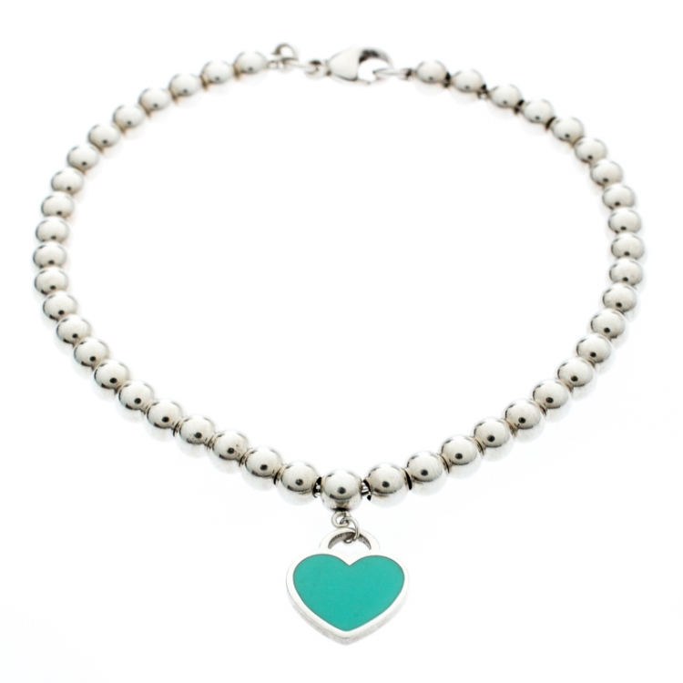 Pre Owned Tiffany & Co. Return to Tiffany Enamel Heart Tag Silver Beads Bracelet 17cm