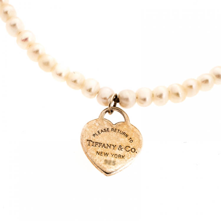 Pre Owned Tiffany & Co. Return to Tiffany Heart Tag Freshwater Pearl Silver Beads Bracelet