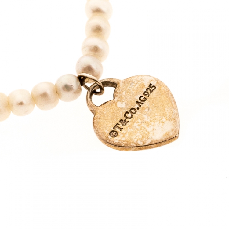 Pre Owned Tiffany & Co. Return to Tiffany Heart Tag Freshwater Pearl Silver Beads Bracelet