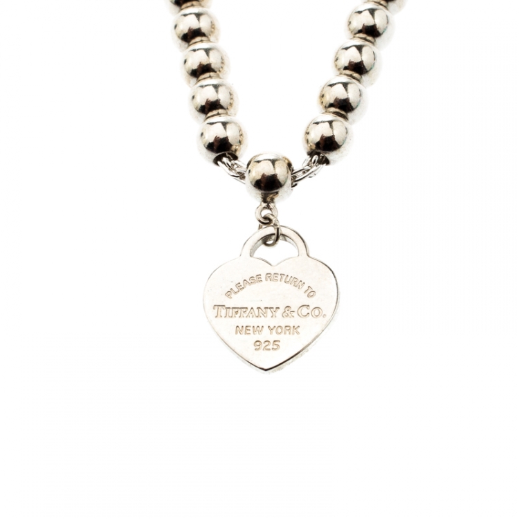 Pre Owned Tiffany & Co. Return to Tiffany Enamel Heart Tag Silver Bead Bracelet 