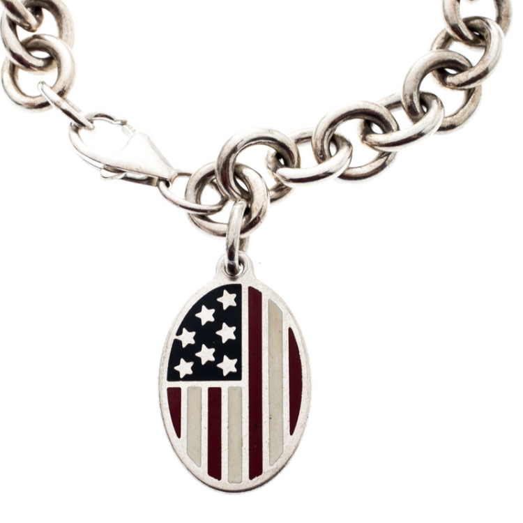 Pre Owned Tiffany & Co. Enamel American Flag Charm Silver Link Bracelet