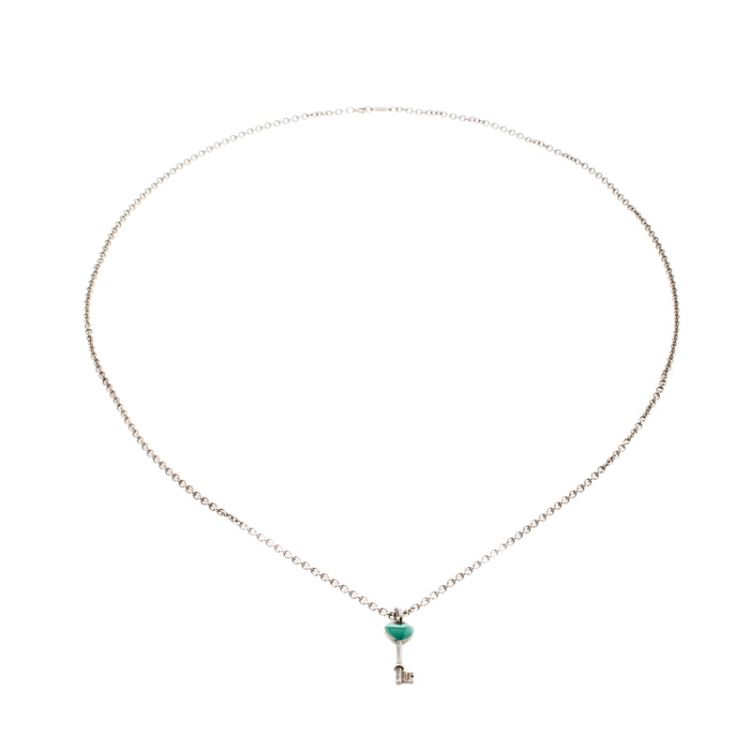 Pre Owned Tiffany & Co. Heart Key Enamel Silver Chain Link Long Pendant Necklace