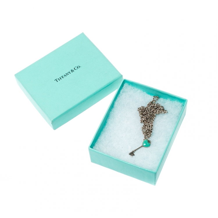 Pre Owned Tiffany & Co. Heart Key Enamel Silver Chain Link Long Pendant Necklace