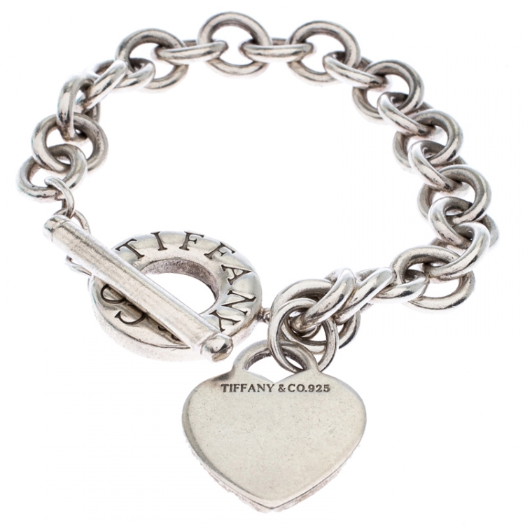 Pre Owned Tiffany & Co. Heart Tag Charm Silver Chain Toggle Necklace 