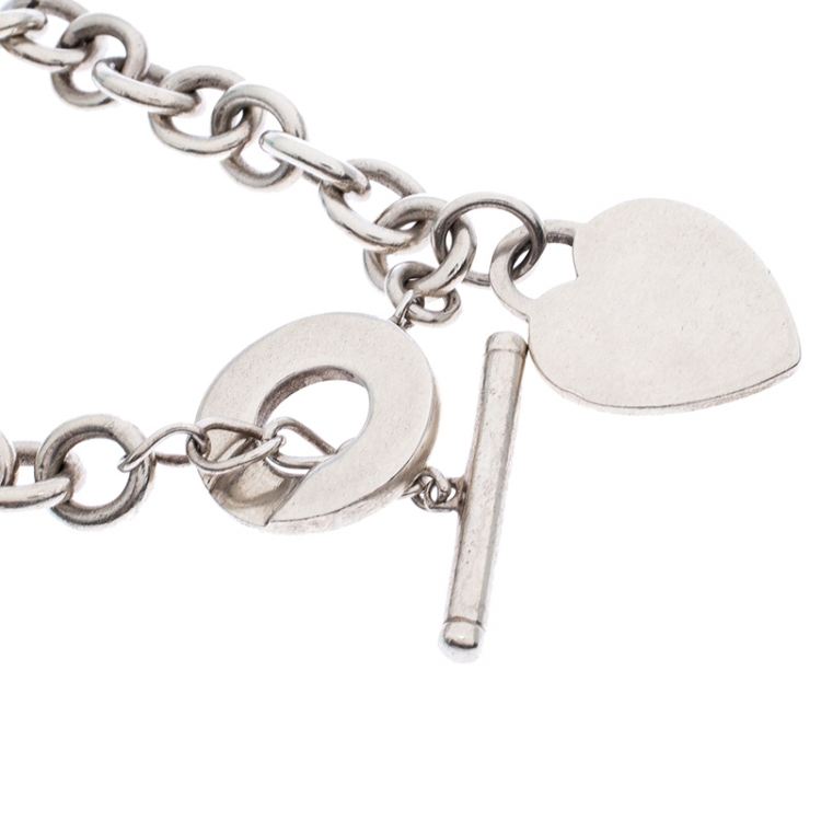 Pre Owned Tiffany & Co. Heart Tag Charm Silver Chain Toggle Necklace 