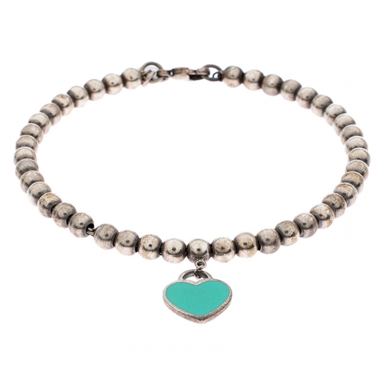 Pre Owned Tiffany & Co. Return to Tiffany Enamel Heart Tag Silver Beads Bracelet
