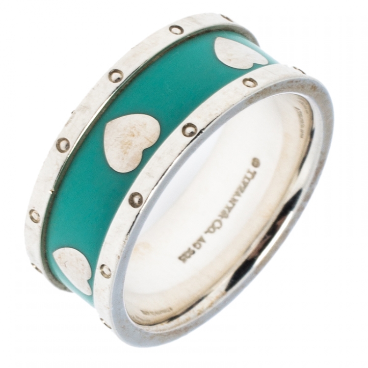 مملوكة مسبقًا Tiffany & Co. Return To Tiffany Love Heart Blue Enamel Silver Band Ring Size 55