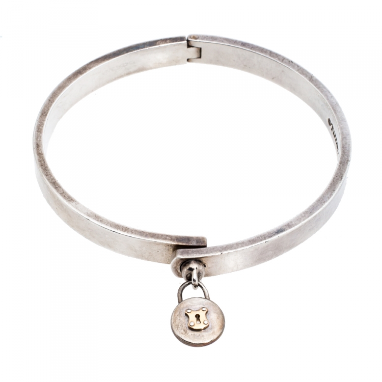 Pre Owned Tiffany & Co. Silver 18K Gold Round Lock Charm Bangle Bracelet