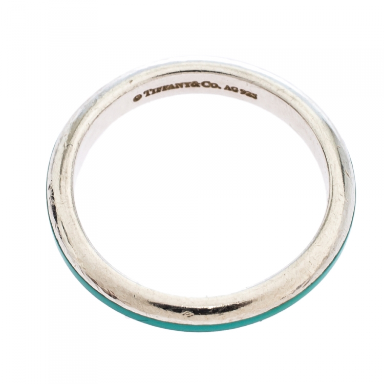 Pre Owned Tiffany & Co. Blue Enamel Inlay Silver Band Ring Size 55