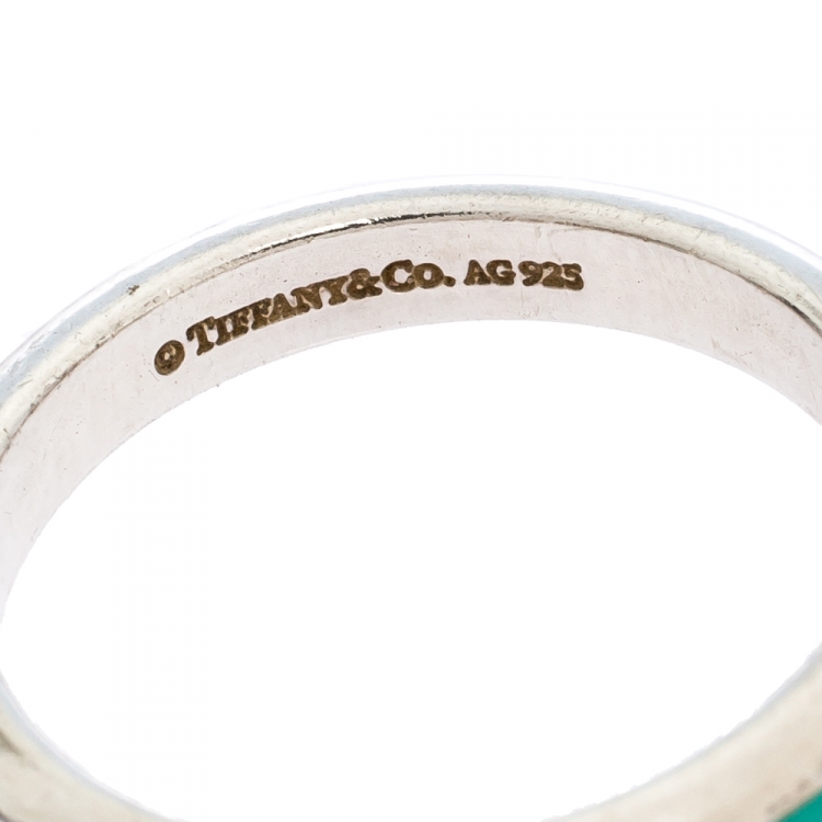 Pre Owned Tiffany & Co. Blue Enamel Inlay Silver Band Ring Size 55