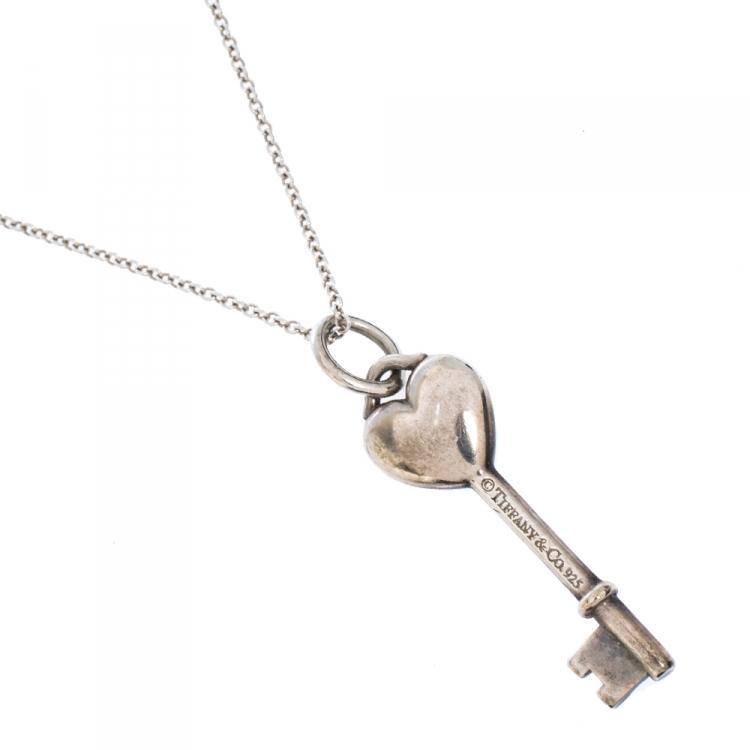 Pre Owned Tiffany & Co. Blue Enamel Heart Key Silver Pendant Necklace 