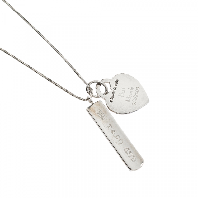 Pre Owned Tiffany & Co. Bar & Heart Tag Silver Dual Pendant Necklace
