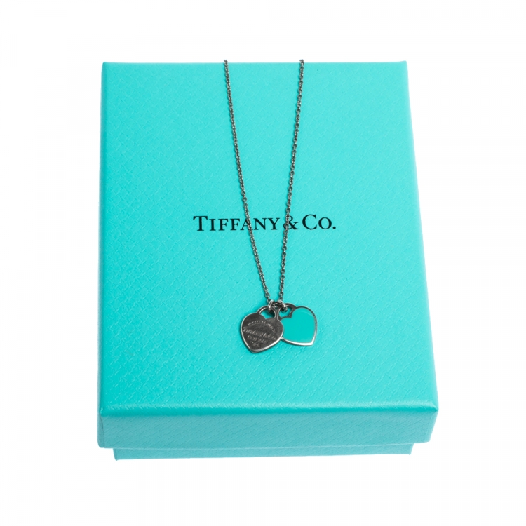 Pre Owned Tiffany & Co. Enamel Mini Double Heart Tag Silver Pendant Necklace