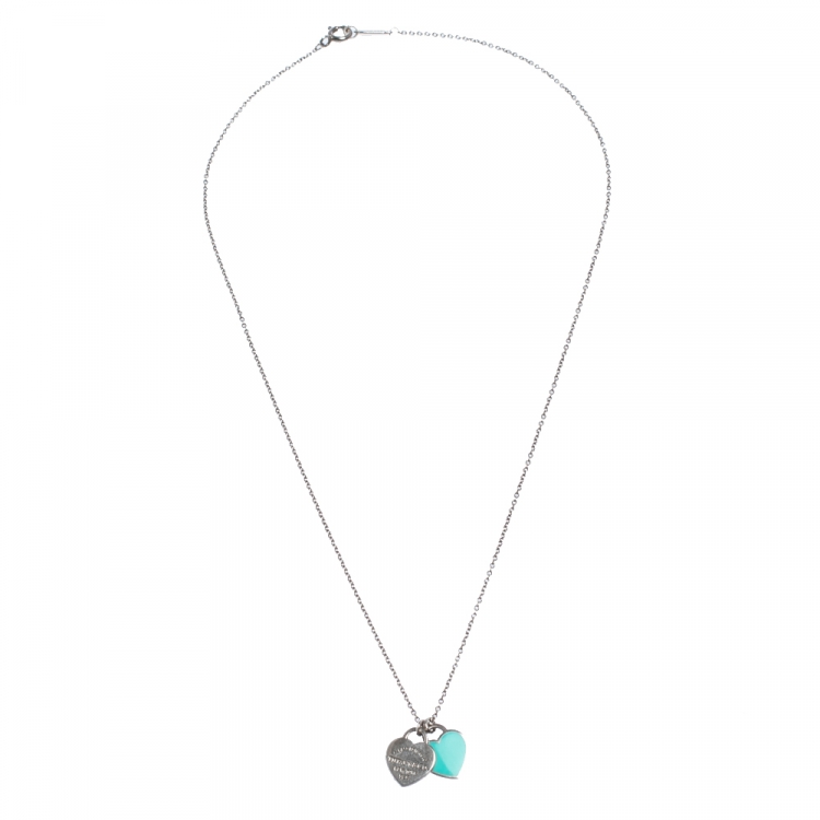Pre Owned Tiffany & Co. Enamel Mini Double Heart Tag Silver Pendant Necklace