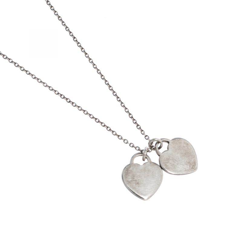 Pre Owned Tiffany & Co. Enamel Mini Double Heart Tag Silver Pendant Necklace