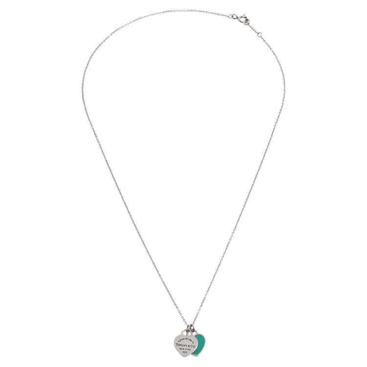 Pre Owned Tiffany & Co. Return to Tiffany Mini Double Heart Tag Pendants Enamel and Silver Chain Necklace