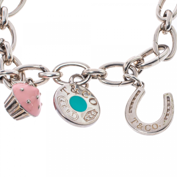 Pre Owned Tiffany & Co. Multi Charm Enamel Silver Chain Link Bracelet