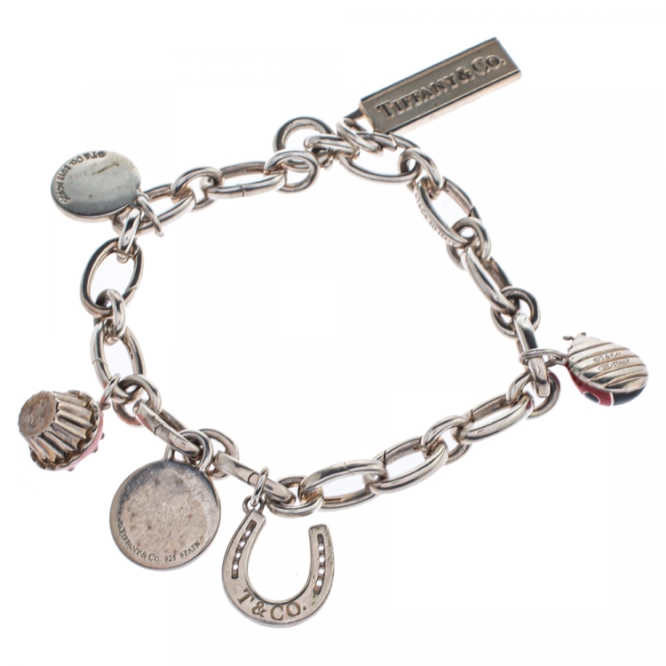 Pre Owned Tiffany & Co. Multi Charm Enamel Silver Chain Link Bracelet