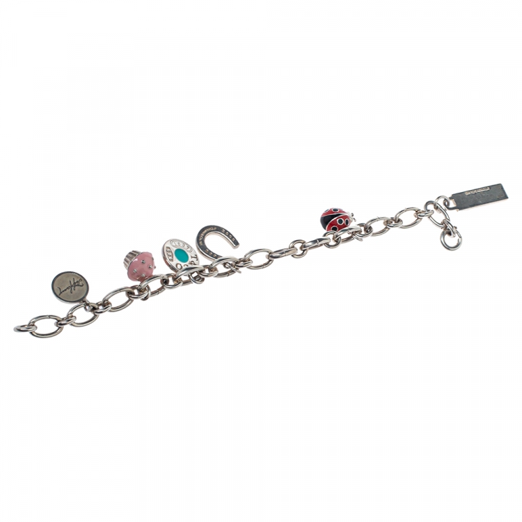 Pre Owned Tiffany & Co. Multi Charm Enamel Silver Chain Link Bracelet
