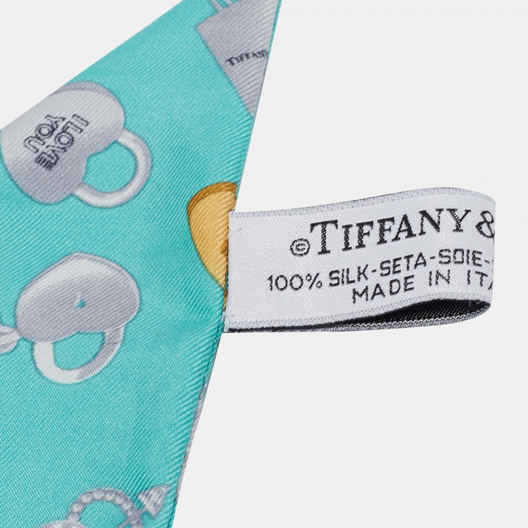 Pre Owned Tiffany & Co. Green Padlock Heart Print Silk Bandeau Scarf