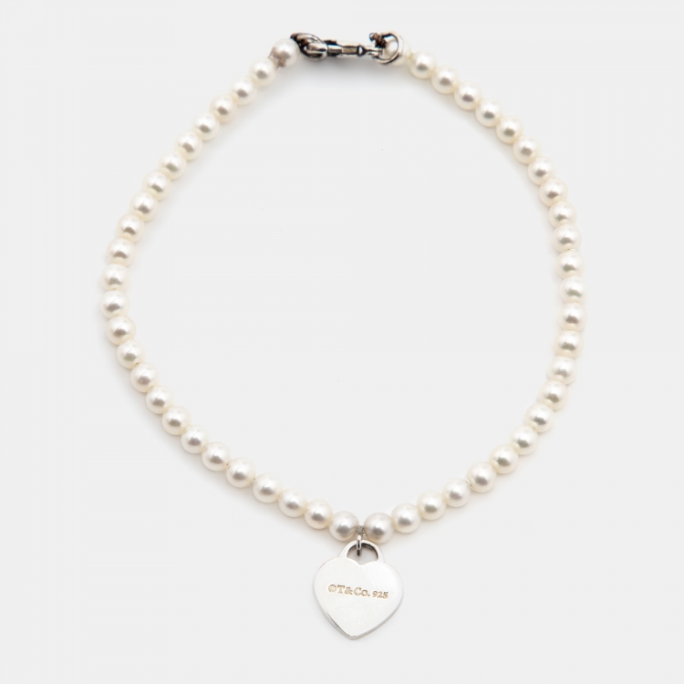 Pre Owned Tiffany & Co. Return to Tiffany Heart Tag Pearls Sterling Silver Bracelet