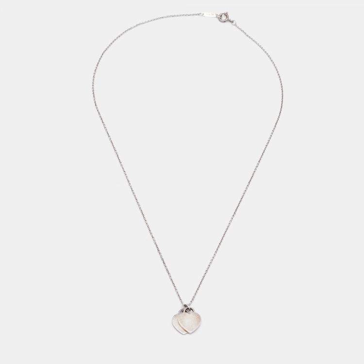 Pre Owned Tiffany & Co. Return to Tiffany Blue Mini Double Heart Tag Silver Pendant Necklace