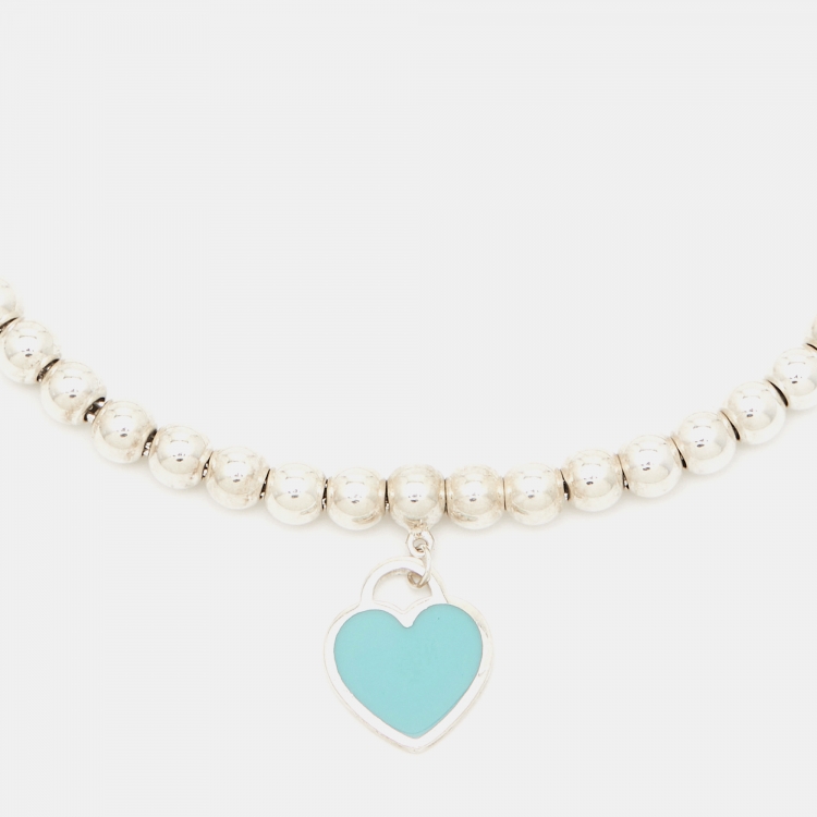 Pre Owned Tiffany & Co. Return To Tiffany Blue Enamel Heart Tag Silver Bead Bracelet