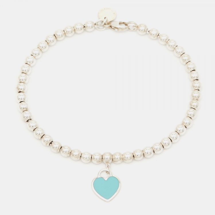 Pre Owned Tiffany & Co. Return To Tiffany Blue Enamel Heart Tag Silver Bead Bracelet