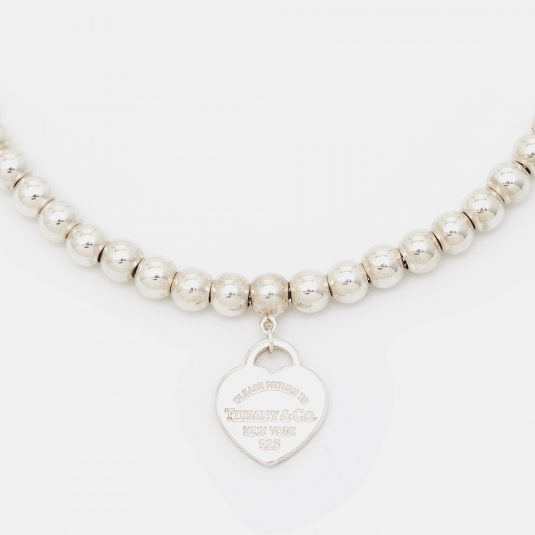 Pre Owned Tiffany & Co. Return To Tiffany Blue Enamel Heart Tag Silver Bead Bracelet