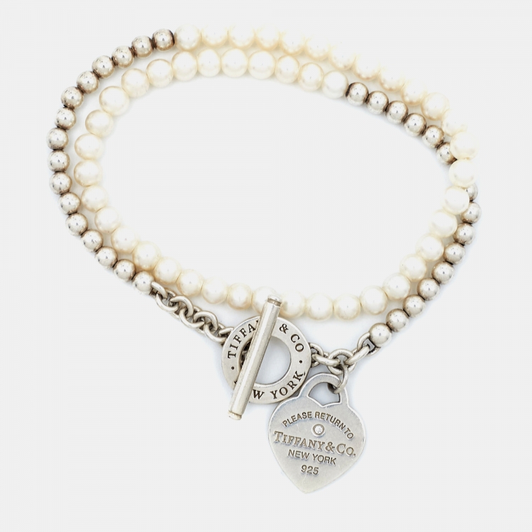 Pre Owned Tiffany & Co. Return to Tiffany Cultured Pearls Diamond Sterling Silver Beaded Bracelet