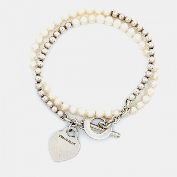 Pre Owned Tiffany & Co. Return to Tiffany Cultured Pearls Diamond Sterling Silver Beaded Bracelet