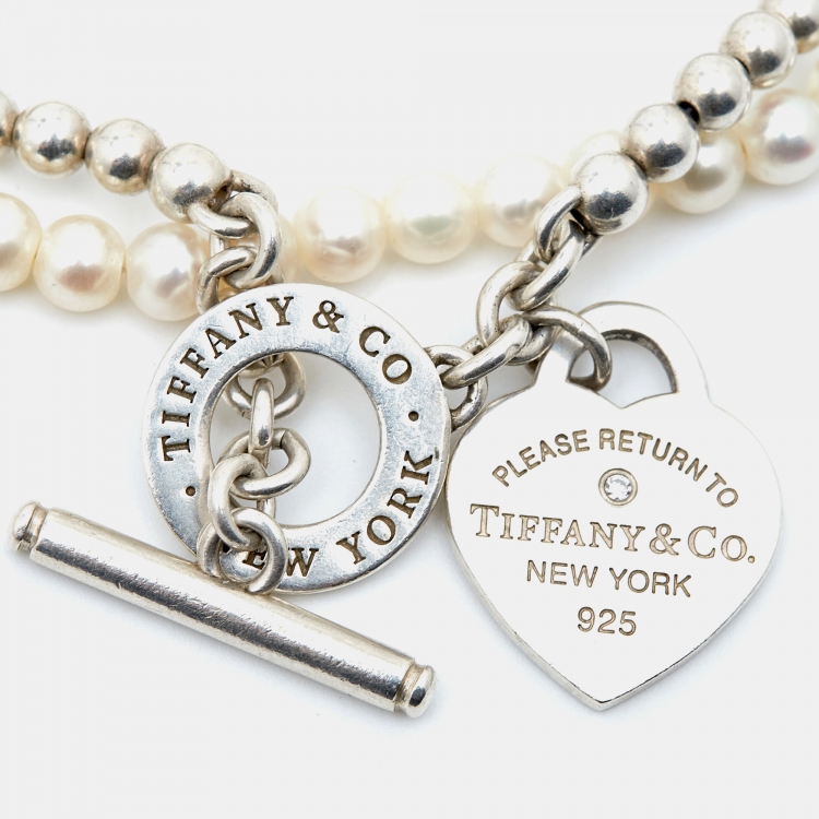 Pre Owned Tiffany & Co. Return to Tiffany Cultured Pearls Diamond Sterling Silver Beaded Bracelet