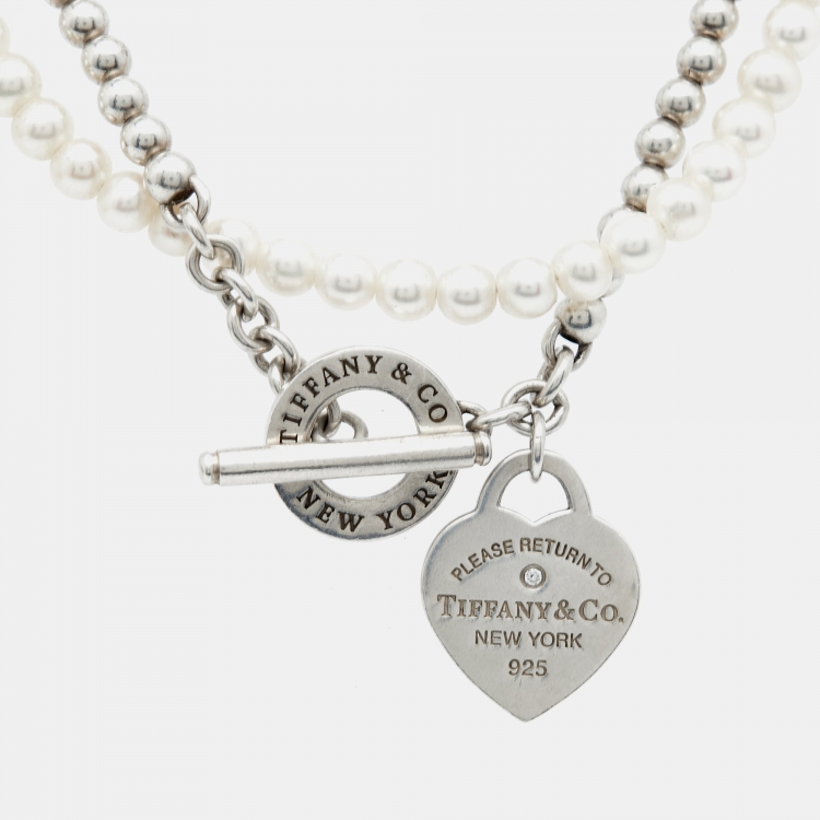 Pre Owned Tiffany & Co. Return to Tiffany Cultured Pearls Diamond Sterling Silver Beaded Bracelet