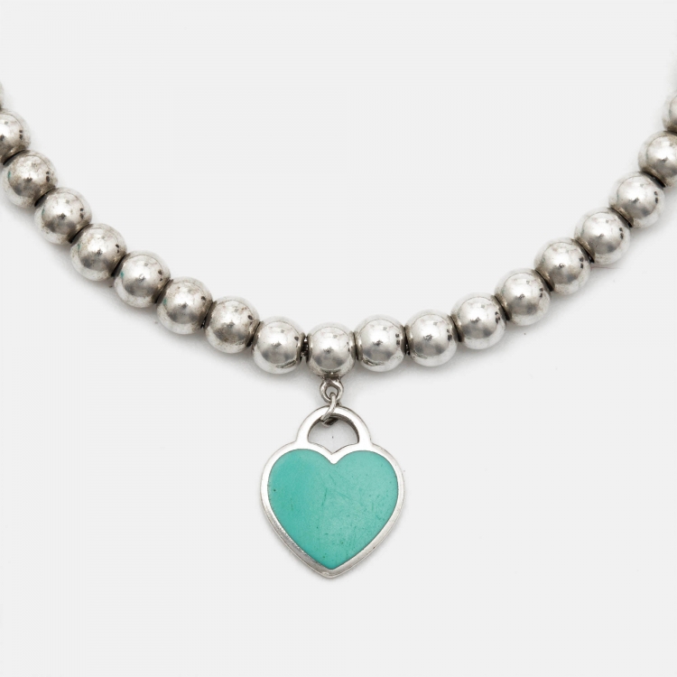 Pre Owned Tiffany & Co. Return to Tiffany Heart Tag Blue Enamel Silver Bead Bracelet 