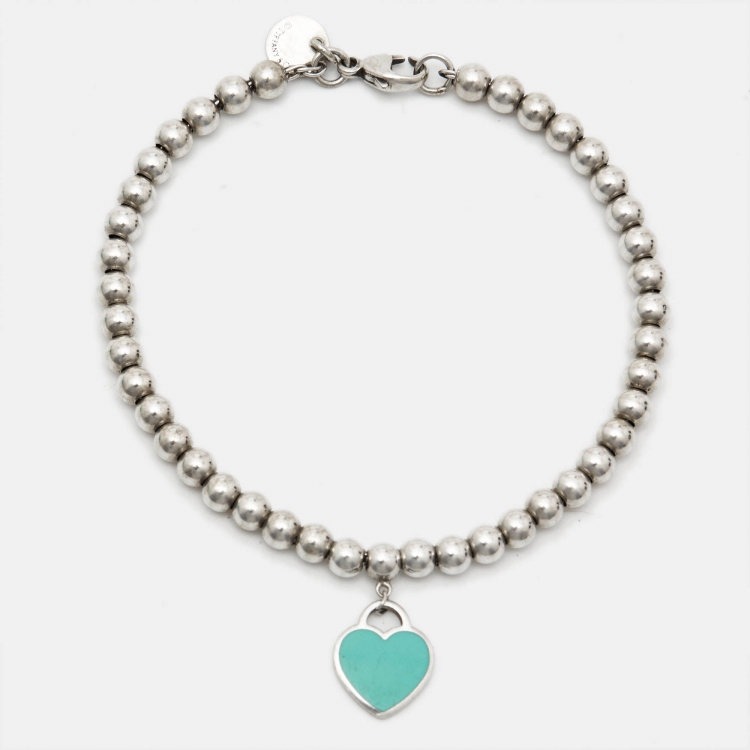 Pre Owned Tiffany & Co. Return to Tiffany Heart Tag Blue Enamel Silver Bead Bracelet 