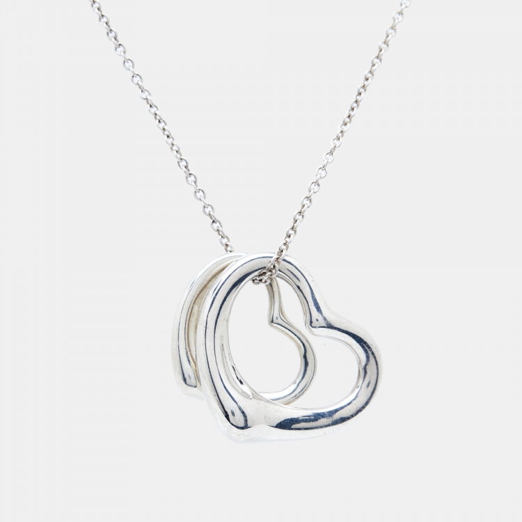 Pre Owned Tiffany & Co. Elsa Peretti Double Open Heart Silver Pendant Necklace
