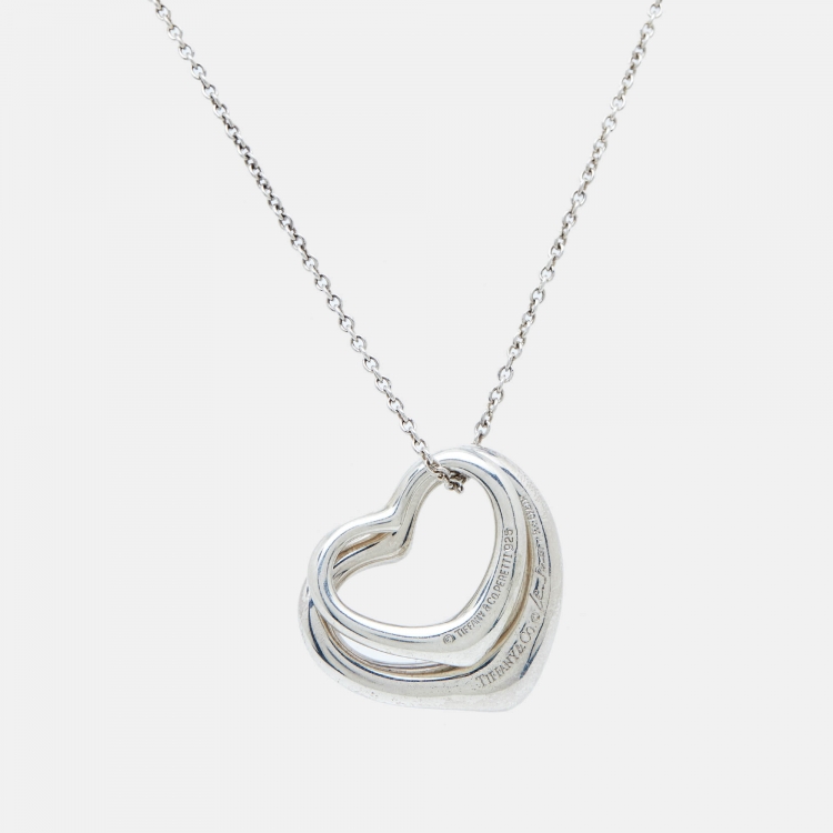 Pre Owned Tiffany & Co. Elsa Peretti Double Open Heart Silver Pendant Necklace